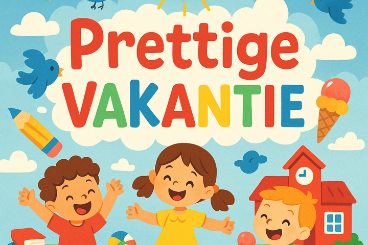 A cheerful and colorful illustration for a Dutch primary school with the text 'Prettige Vakantie'. T